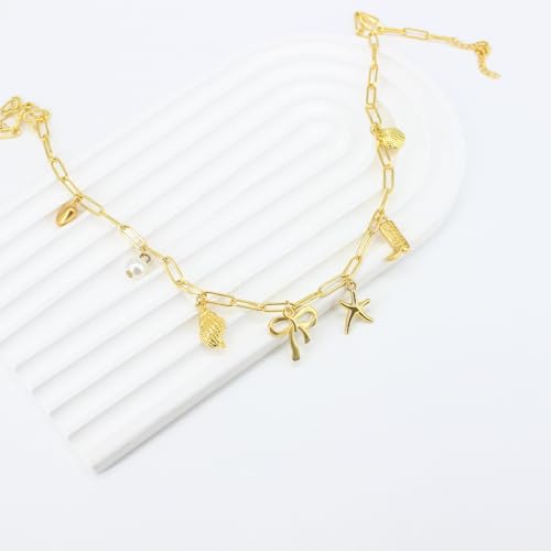 Gold Plated Paperclip Chain Beach Charm Necklace for Women Cute Shell Bow Dainty Beachy Starfish Pearl Seashell Strawberry Fruit Heart Mermaid Summer Jewelry Gift4