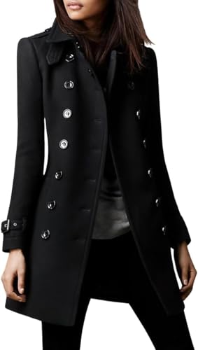 Goolecrimp Abrigo de Lana de Doble Botonadura de Invierno para Mujer Moda Retro Abrigo de Oficina de Negocios Delgado Elegante clásico Ligero Abrigo de Solapa de Trabajo Informal (Negro,M)