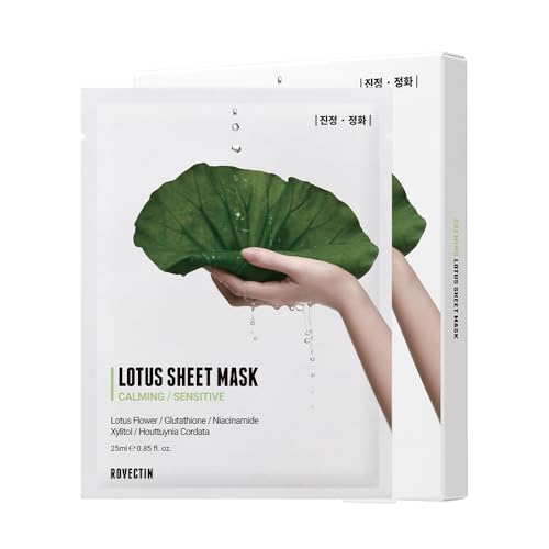 ROVECTIN Clean Lotus Water Calming Sheet Mask - Packed with Lotus Flower Extract For Soothing and Long Lasting Hydration (5 Count)