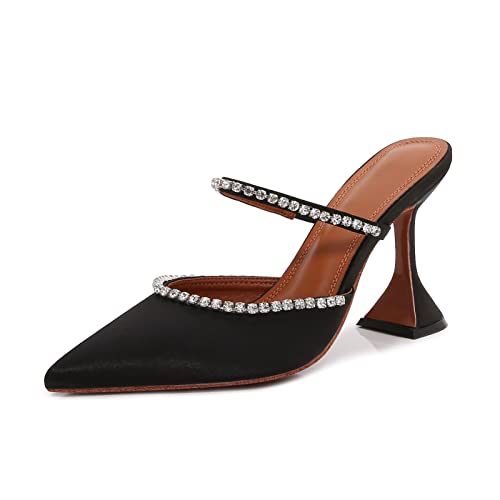 Women's Mule Heels Rhinestones Strappy Stiletto Slide Pumps Slip On Sexy High Heels Sandals Closed Pointed Toe Backless Dressy Wedding Party Summer Shoes 3.3 In Black #TOP9