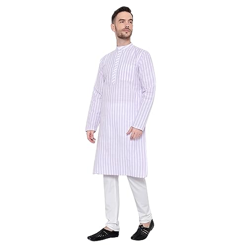 Image of LATEST CHIKAN Broad Striped Cotton Men's Long Kurtas