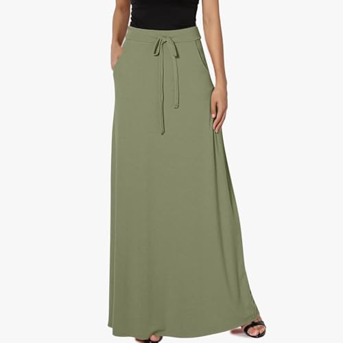 Womens Maxi Skirt Elastic Basic Solid Tie Dye Foldable High Waisted Midi Length Plus Size A-Line Skirts with Pockets(Army Green,XX-Large)2