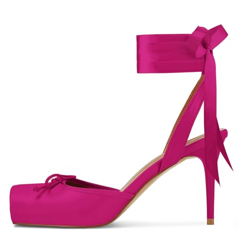 Satin Ballet Heels for Women with Bow Square Toe Ballerina Stiletto Heels Lace Up High Heel Slingback Pumps Strappy Mary Janes Cute Elegant Party Shoes Rose