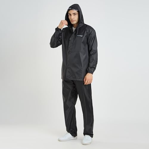 Image of Water Fighter by ZEEL Rain Coat for Men with Adjustable Hood, Polyester Waterproof Full Sleeves, Top and Bottom Set Rainwear, Front Zip with Snap Button Flap (EWF311, Black, XL)