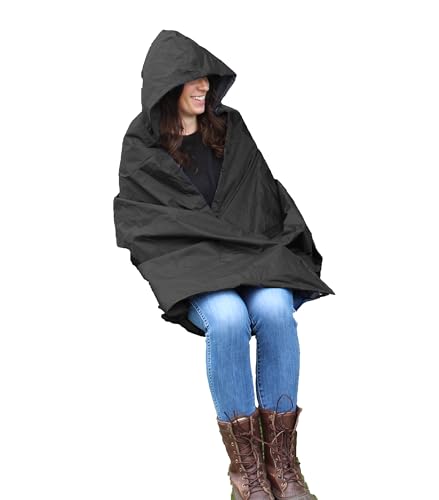 Wolf Essentials Anywear Cushion Hooded Blanket – Weather Resistant Fleece & Vinyl, Portable Seated Comfort for Camping, Stadium, Beach, and Travel – Includes Storage Bag - Black