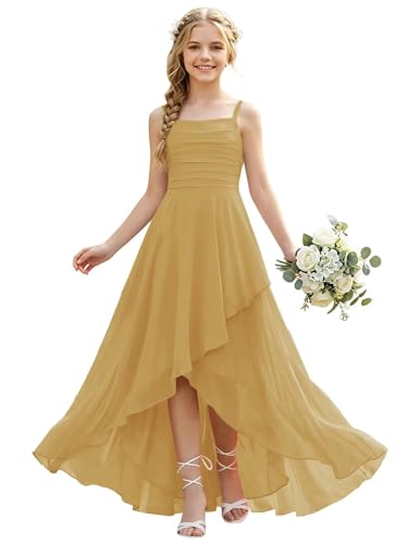camftbo Plus Size Gold Chiffon Junior Bridesmaid Dresses for Teen Girls 2026 Slit Ruched Spaghetti Straps Wedding Guest Gowns 16