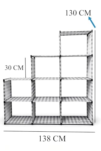 Image of Modular Storage Shelf, 9-Cube Organizer, Stepped Design, Black Frame with Grey Checkered Pattern, 138x130x30 cm (9-Cube Book Shelf)