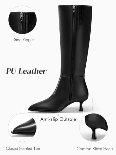 Coutgo Womens Knee High Boots Kitten Low Heel Pointed Toe Tall Boots Side Zipper Winter Dress Shoes4