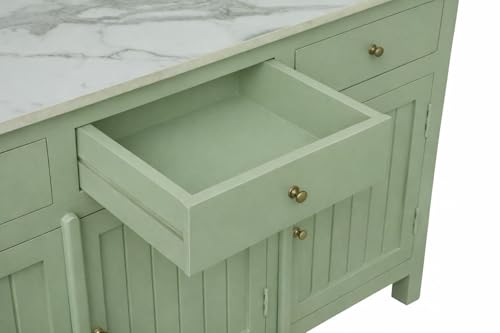 Image of Solid Wood Madrid Sideboard Cabinet with Sintered Stone Top for Living Room | Premium Acrylic Sage Green Finish | 130x40x80 cm