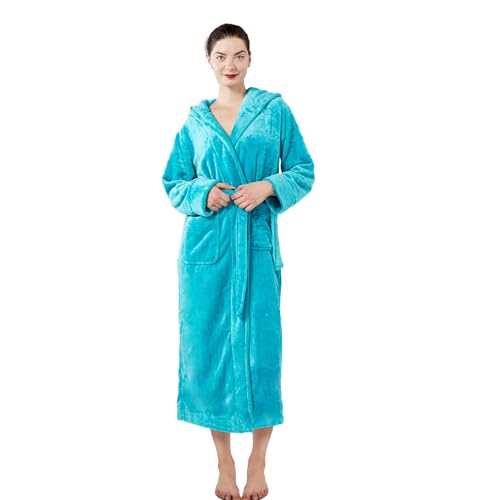 Dowesrobe Womens Fleece Hooded Fluffy Bathrobe Plush Long soft cozy Winner Warm fuzzy Spa Robe with deep pockets(Large Green)