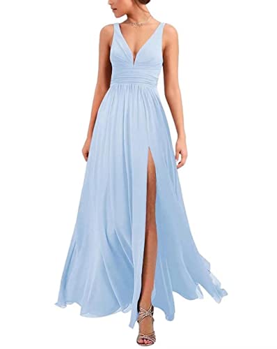 Robe de demoiselle d'honneur mousseline plissée pour un mariage en plein air bleu ciel