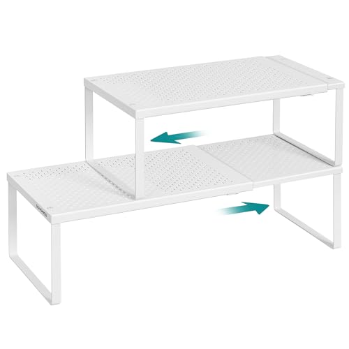 SONGMICS Spice Racks, Set of 2 Expandable Kitchen Countertop Shelves, Small Cupboard Organizers, Metal, Space-Saving Tabletop Shelves, Matte White UKCS402W01