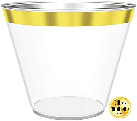 JL Prime 100 Gold Plastic Cups, 9 Oz Heavy Duty Reusable Disposable Gold Rim Clear Plastic Cups, Old Fashioned Tumblers, Hard Plastic Drinking Cups for Party and Wedding