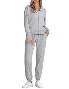 Terecey Jogginganzug Damen Langarm Trainingsanzug Lässig Zweiteiler Sportanzug Elegante Freizeitanzug Set mit Reißverschluss Sweatshirt und Kordelzug Lang Hose fur Herbst Winter, Grau S