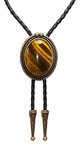 Image of Moranse Bolo Tie with Natural Tiger Eye Stone Celtic Style Genuine and Cowhide Rope