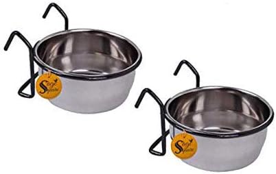 Sage Square Rustproof Stainless Steel Cage Food, Seed, Water Feeder Cum Bowl with Holder clamp for Birds (250ml) (Pack of 2)