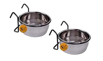Sage Square Rustproof Stainless Steel Cage Food, Seed, Water Feeder Cum Bowl with Holder clamp for Birds (250ml) (Pack of 2)