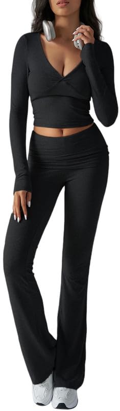 Sukiglam Conjunto Deportivo Mujer Casual 2 Piezas Chándales Sexy Top Corto de Manga Larga y Pantalones Acampanados Elástico Chándal Largo Elegante Cuello en V lounge set para Fitness Jogging Yoga