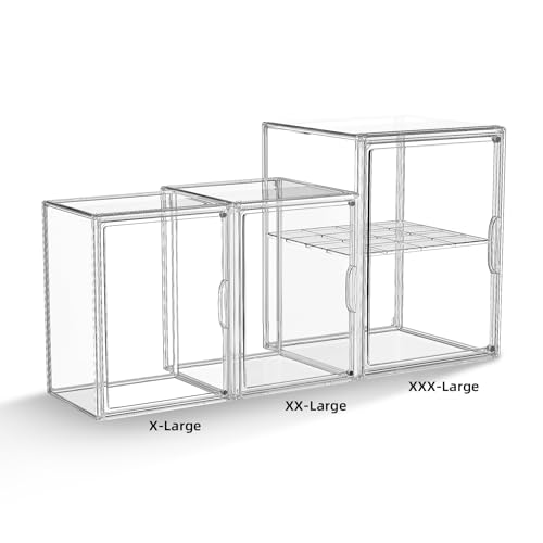 HOYOJA Clear Acrylic Display Case, Super Large Stackable Storage Bins Magnetic Attraction Lids, 3 Pack Acrylic Box with Divider for Collectibles, Figures, Purse, Handbag, Wallet, 11.4x9.84x15.4 inch