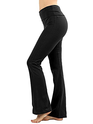 Womens & Plus Stretch Cotton Foldover Waist Bootcut Workout Yoga Pants, (Black, XL)