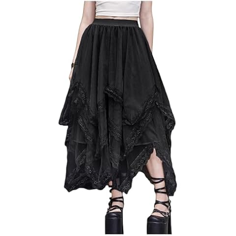 SHENHE Women's Lace Trim Layered Mesh Tulle Skirt High Waist Asymmetrical Long Goth Skirt Black S Cover