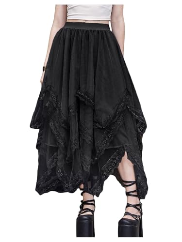 SHENHE Women's Lace Trim Layered Mesh Tulle Skirt High Waist Asymmetrical Long Goth Skirt Black XL