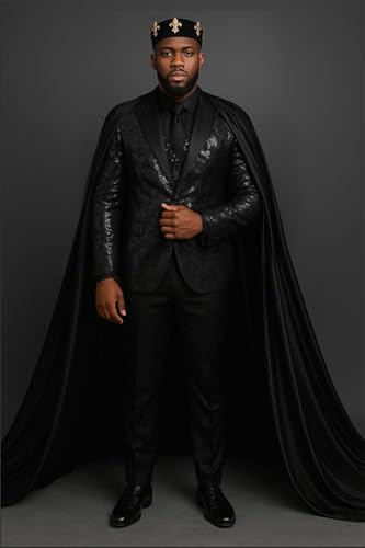 Men's 3 Piece Slim Fit Shiny Blazer Pants Detachable Satin Capes Tuxedo Set for Wedding Party Graduation Ball2