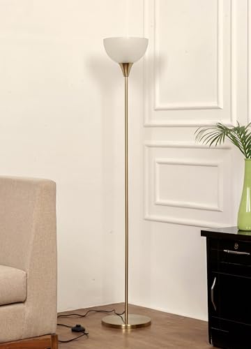 Image of Divine Trends Uplighter Brass Antique Finish Floor Lamp for Living Room with Frosted Glass Lampshade | Includes LED Warm Bulb | Hidden Wire Design | Uplight Corner Standing Lamp for Home | Pack of 1