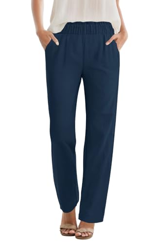 SEMARO Womens Casual High Waisted Linen Feel Pants Tapered Vacation Lounge Pants Trousers with Pockets Navy Blue