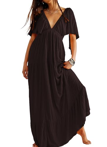 Image of Kikibell Women Summer Dresses Sexy V-Neck Maxi Dress Tiered Silhouette with Flutter Sleeve Backless Elastic Waist Flowy Dress