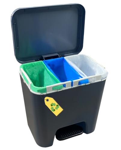 Denox Cubo de reciclaje 45L Sin Separadores Interiores con Sistema Clickbag para 1, 2 o Hasta 3 bolsas Simultáneamente y Dos modos de apertura. Color antracita, Diseño compacto y Fácil Reciclaje