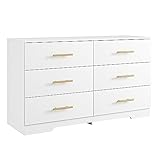 Vibe & Dine White Dresser 6 Drawer, Wooden Dressers & Chests of Drawers with Gold Handles, Modern Double Dresser for Bedroom