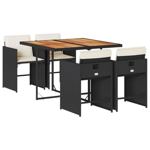 Image of 5-Piece Patio Dining Set of 4 Black and Cream White, Foldable Outdoor Furniture with Removable Cushions, UV-Resistant Poly Rattan and Acacia Wood for Balcony Terrace Garden