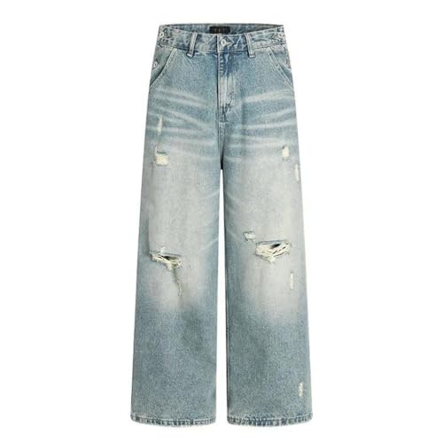 Men's Spliced Wide Leg Jeans, Washed Distressed, Retro High Street Loose Fit Denim Pants2