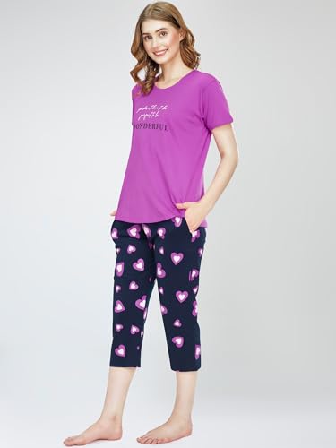 Image of ZEYO Night Suit for Women's Heart Printed Cotton Night Dress of Top and Capri Set 5745