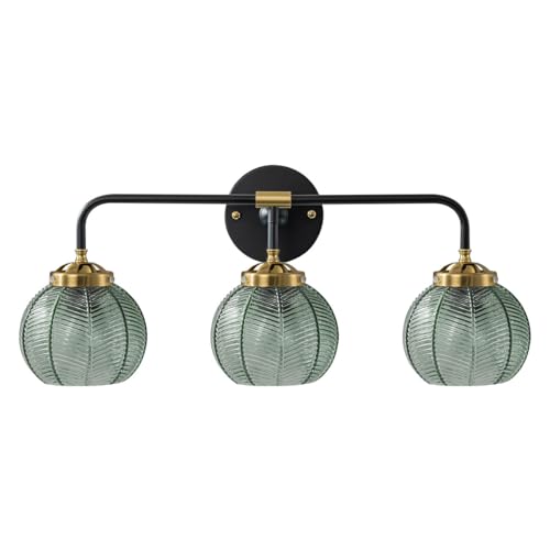 Image of Green 3 Light Bathroom Vanity Light Over Mirror, Black Wall Sconce | Vintage Wall Sconces Light Ribbed Glass Globe Wall Lamp Mid Century Bathroom Lighting Fixtures Art Deco Easy to install E26