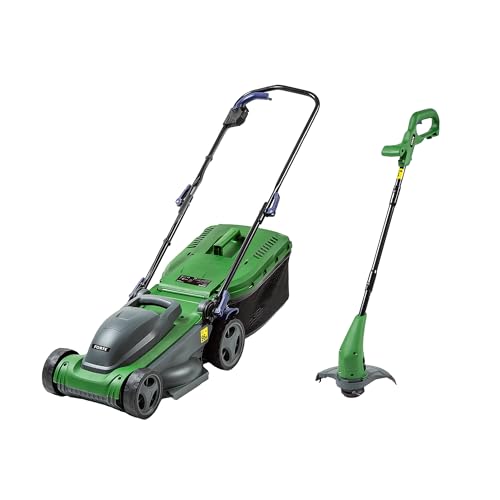 Forte 1400W 34cm Electric Rotary Lawnmower with rear roller and 2-in 1 Grass Strimmer. Mower and trimmer set for small to medium lawns Green