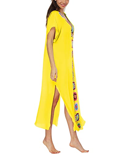 Bsubseach Women Mexican Embroidered Kaftan Dresses Deep V Neck Short Sleeve Beach Side Split Cover Up for Women Caftan Dress3