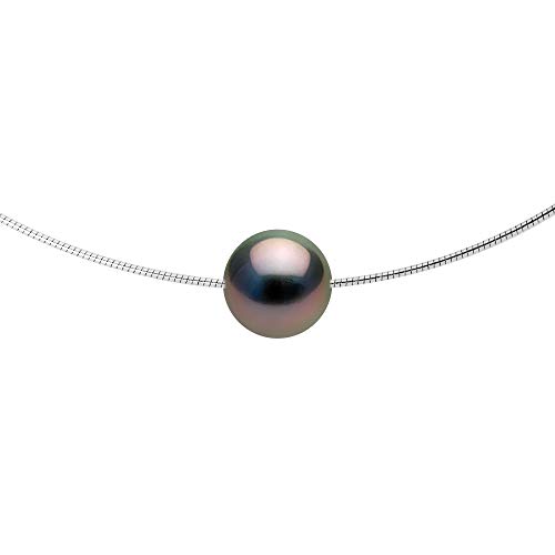 PEARLS & COLORS - Collier Véritable Perle de Culture de Tahiti Ronde 9-10 mm - Câble Argent Massif 925 Millièmes - Bijou Femme