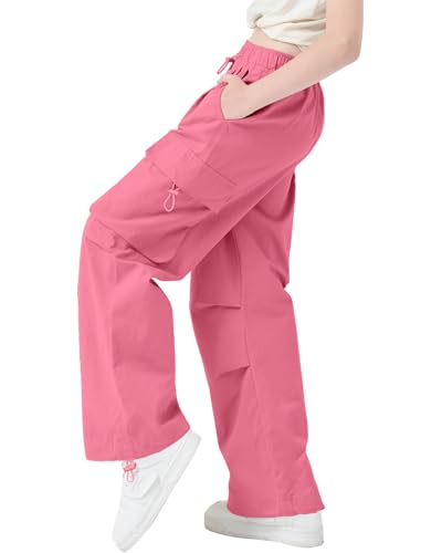 Image of AOWKULAE Girls Cargo Pants Baggy Drawstring Parachute Pants 5-16 Years | High Waist, Elastic Waist,Y2K Style,Comfortable and Loose Fit,Daily Casual Outfits