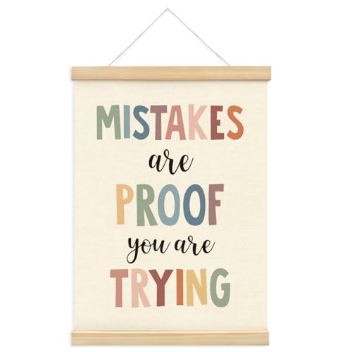 PLKMN Decoración bohemia para aula, Mistakes are Proof You are Trying - Arte de pared con colgador de madera, decoración de pared inspiradora para aula, pósteres de aula, arte de pared para aula, arte