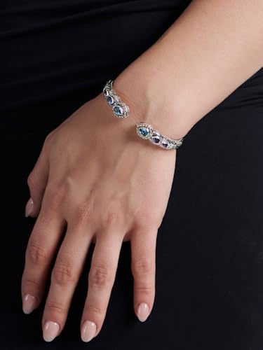 Image of DEVATA Sterling Silver 925 and 18K Gold with Gemstones Bali Filigree Cuff Bracelet