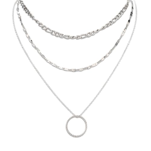 3 Pzs Collares Multicapa de Plata para Mujeres, Gargantillas Apilables Collar de Cadena en Capas Collar Gargantilla Delicado Cadena con Colgante Circular Regalos de Joyería para Niñas Mujeres
