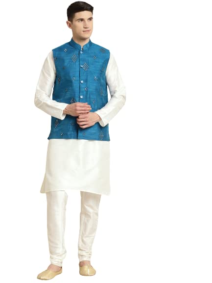 Image of SOJANYA (Since 1958, Men's Silk Blend Grey Kurta Pyjama & Silk Blend Jacket Combo
