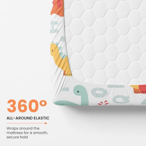 Image of LORETO - A QUALITY LINEN BRAND 144 TC 100% Pure Cotton Double /Queen Fitted Bedsheet with 2 Pillow Covers for 72 x 60 Inch, All-Around Elastic, 8 Inch Deep Pocket, Orange & Mint Alphabet Dino Play