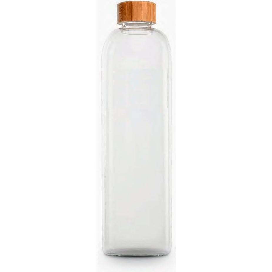 Bioidea Botella de Agua Cristal con Tapón de Bambú Botella Vidrio Borosilicato Ecológica Reciclable Reutilizable Libre de Tóxicos sin BPA (1000ml, Sin Lema)