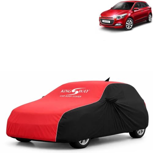 Image of KINGSWAY Super Waterproof Car Cover Only with Hyundai Elite I20 (Year 2014 to 2017 - All Model) | Mirror and Antenna Pockets | All Weather Car Body Cover with Silver Piping | Black Red