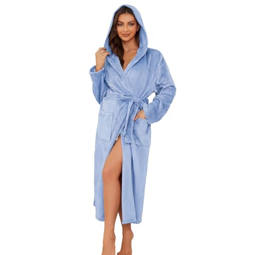Image of Womens Long Hooded Fleece Robe, Soft Warm Spa Bathrobe for Cozy Lightweight Loungewear