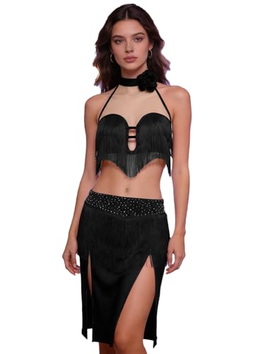 ranrann Femme Robe Danse Latine Samba Chacha Ensemble Costume Danse du Ventre Crop Top Frangé Jupe Strass Brillant Tenue Spectacle Noir S