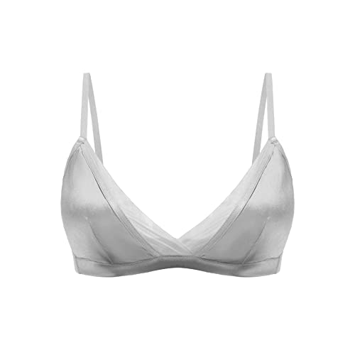 SilRiver Women's Silk Satin Wire-Free Padded Bralette with Soft Silk Cup Bra Top (Silver Grey,Small)